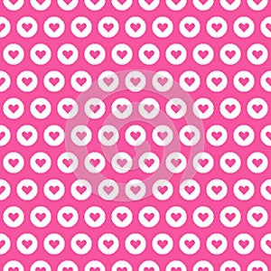 Vector pixel art yellow seamless pattern of minimalistic pink and white geometric round icon with heart inside