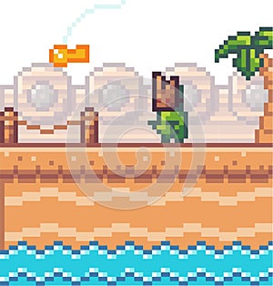 Vector pixel geek character. Pixel art style 8-bit. Illustration of pixel monster on the bridge