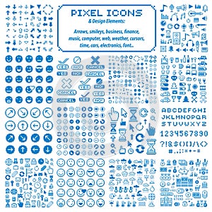 Vector pixel icons isolated, collection of 8bit graphic elements