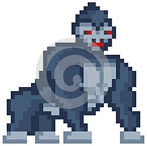 Vector pixelated Gorilla cartoon pixel design wild animal with red eyes isolated on white background