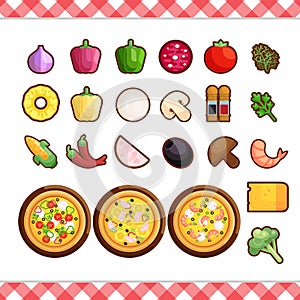 Vector - Pizza constructor flat icons isolated on white background. Pizza ingredient food menu illustration isolated collection is