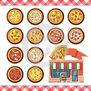Vector - Pizza flat icons on white background. Pizza shop pizzeria ingredient food menu illustration collection isolated