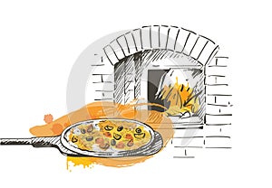 Vector pizza on a shovel, baked in a wood-fired oven. vintage hand-draw line sketch illustration