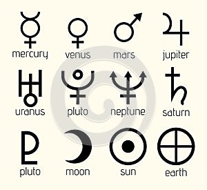 Vector Planet Astrological, Astronomical Symbols Set Illustration