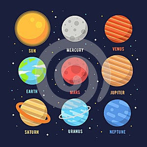 Vector Planet icon set of solar system planets on dark space background.
