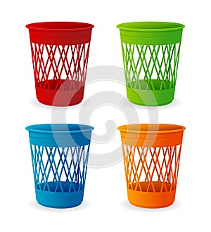 Vector plastic basket set, trash bins on white