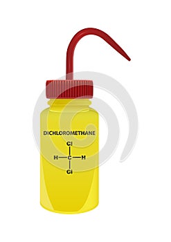 Vector plastic laboratory yellow wash bottle with dichloromethane. Illustration of a polar chemical solvent.