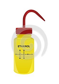 Vector plastic laboratory yellow wash bottle with ethanol or ethyl alcohol C2H6O. Polar chemical solvent.