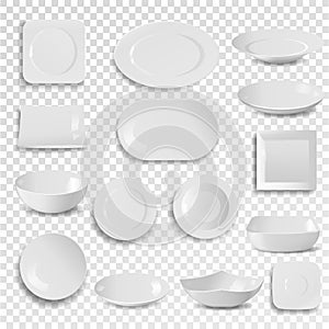 Vector plate and bowl empty white clean dinner dish utensil isolated on background meal dining dishware plateful circle