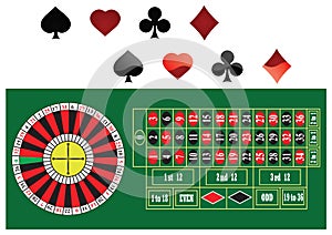 Vector play cards diamonds, clubs, hearts, and spades symbol. Casino roulette table