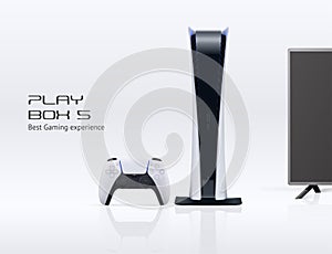 Vector play console digital edition with gamepad, TV, reflections and message isolated on white background. Next 5