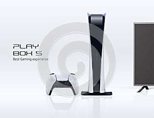 Vector play console digital edition with gamepad, TV, reflections and message isolated on white background. Next 5 photo