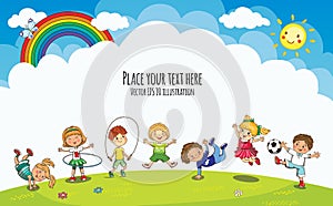 Vector playground with jumping boys and girls. Template for advertising kids brochure. Kindergarten, school children