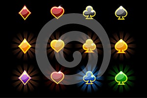 Vector Playing Card Symbols, glossy icons of playing cards on black background.