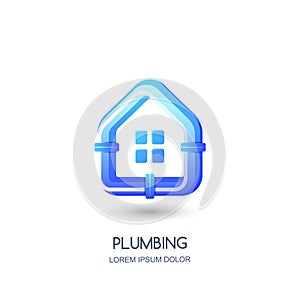 Vector plumbing logo, icon, emblem design template. Blue pipe in house shape. Concept for pipelaying repair service