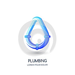 Vector plumbing logo, icon, emblem design template. Blue pipe in water drop shape. Concept for pipelaying repair service