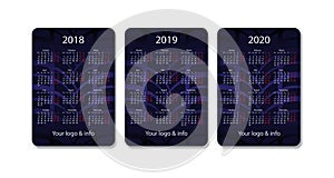 Vector pocket calendar set. 2018, 2019 and 2020 years. Blue design template.