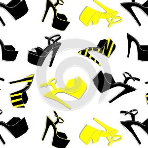 Vector pole dance shoes. High heels pattern for striptease, Striped black yellow exotic dancer boots. Silhouette