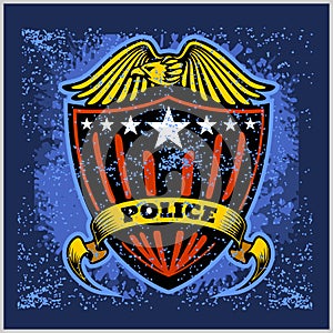 Vector Police Badge and Shield Label on grunge background.