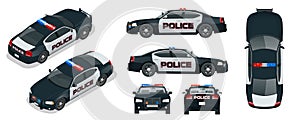 Vector Police car with rooftop flashing lights, a siren and emblems.