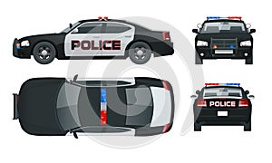 Vector Police car with rooftop flashing lights, a siren and emblems. Template isolated illustration. View front, rear