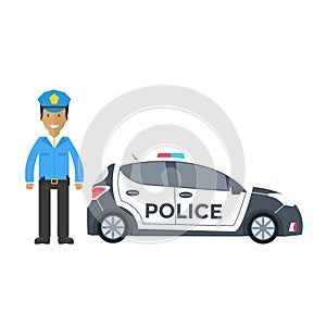 Vector police car side view and officer isolated on white with f