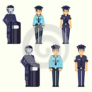 Vector - Policeman, policewoman, Special Forces soldier Cute happy police man and woman agents working in uniform Vector officer i