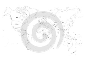 Vector political map of world. Black outline on white background with country name labels