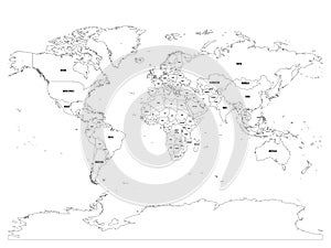 Vector political map of world. Black outline on white background with country name labels