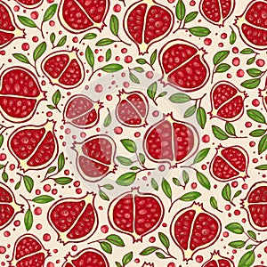 Vector pomegranates with leaves and seeds on a neutral background. Seamless pattern in red and green colors. Fruit and