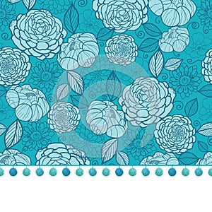 Vector pompom border trim on blue flowers seamless repeat pattern design background print. Perfect for clothing, fabric