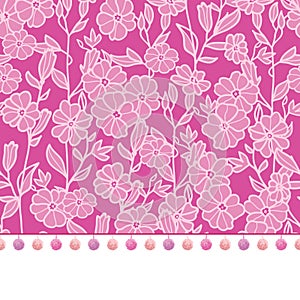 Vector pompom border trim on pink flowers seamless repeat pattern design background print. Perfect for clothing, fabric