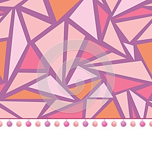 Vector pompom border trim on pink triangles mosaic seamless repeat pattern design background print. Perfect for clothing