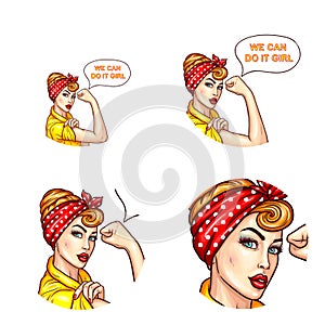 Vector pop art avatar, icon for chat with confident lady, housewife with rolled up sleeves talks We can do it, girl