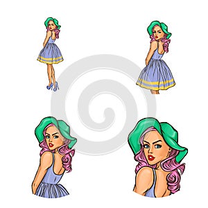 Vector pop art avatar, icon of pin up fashion lady, model on high heel shoes for networking, internet, chat, blog, web.