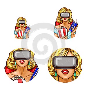 Vector pop art avatar, icon of pin up girl in glasses of virtual reality with popcorn, soda. Cinema, 3d, VR,concept