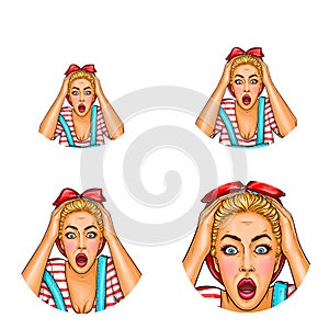 Vector pop art avatar of shocked, surprised blonde girl with opened mouth in casual clothing. Icon for blog, chat