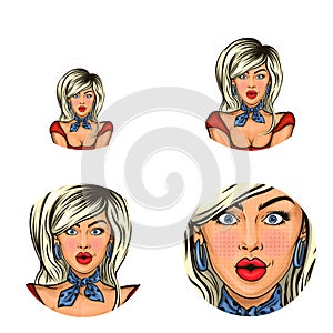 Vector pop art avatar of surprised pin up blonde girl in scarf to announce discounts or sales. Great icon for web, chat