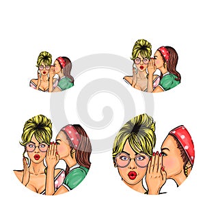 Vector pop art social network user avatars of woman speaking news gossip in girl ear. Retro sketch profile icons
