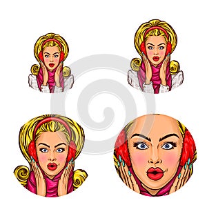 Vector pop art social network user avatars of young blonde glamor woman girl in winter ear muffs. Retro sketch profile