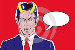 Vector pop art banner of a malevolent laughing devil businessman with horns with speech bubble.