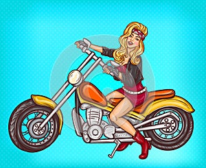 Vector pop art biker girl sitting on a motorcycle