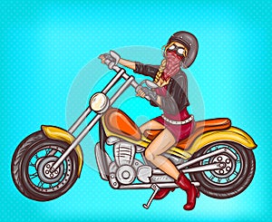 Vector pop art biker girl sitting on a motorcycle