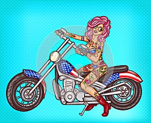 Vector pop art biker girl sitting on a motorcycle