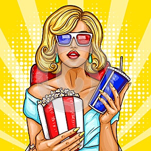 Vector pop art blond woman sitting in the auditorium and watching a 3D movie.