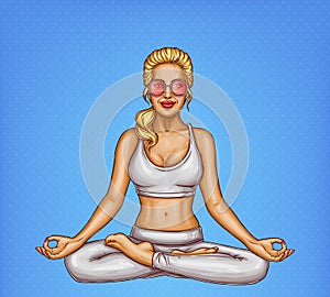 Vector pop art blonde girl doing yoga, padmasana