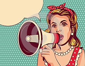 Vector pop art comic style illustration of a beautiful girl with a loudspeaker.