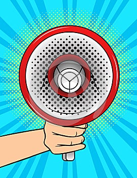 Vector pop art comic style illustration of a hand with loudspeaker.