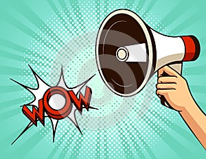 Vector pop art comic style illustration of a loudspeaker with a wow sign on a halftone dotted background.