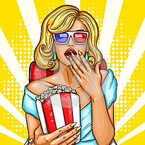 Vector pop art excited blond woman sitting in the auditorium and watching a 3D movie.